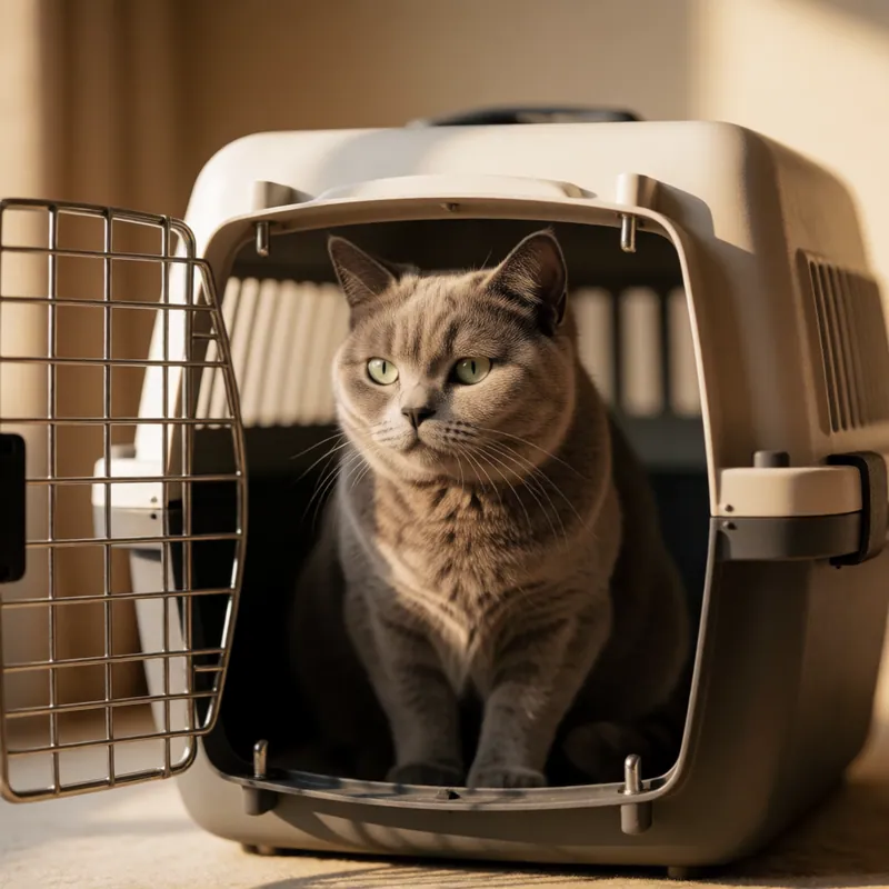 Котка, настанена в транспортната си кутия преди прибиране